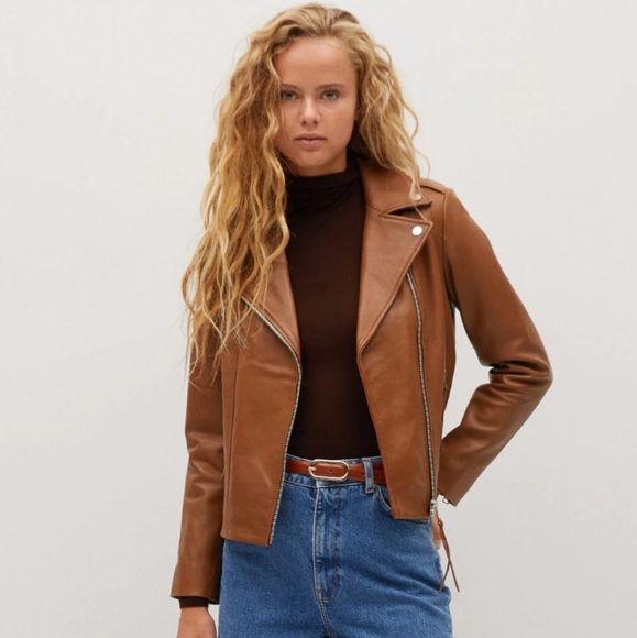 Mango Jackets & Blazers - Mango Cazadora Liz Tan Vegan Leather Moto Jacket L
